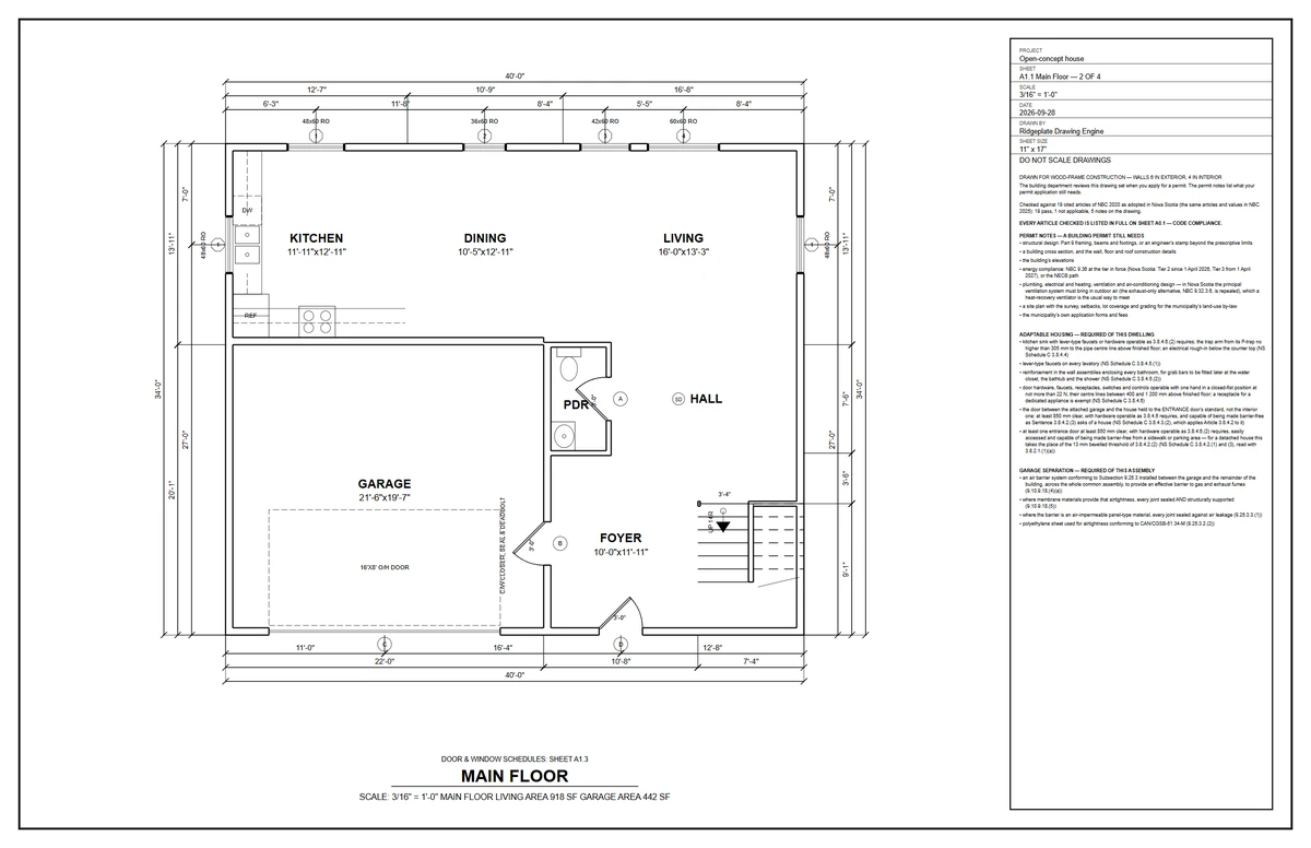 Main floor — 40 x 34 ft, two floors, 2-Car garage, Nova Scotia — after drawing set