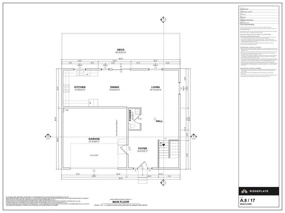 Main Floor (sheet A.8 of 17) of the permit drawing set of a 40 x 34 ft house of two floors with a 2-Car garage, drawn by the Ridgeplate engine