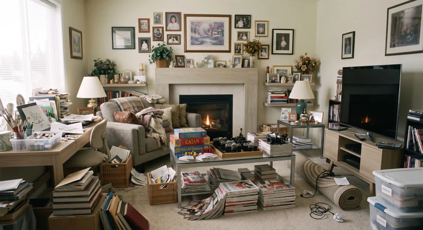 A cluttered room, cleared — before declutter